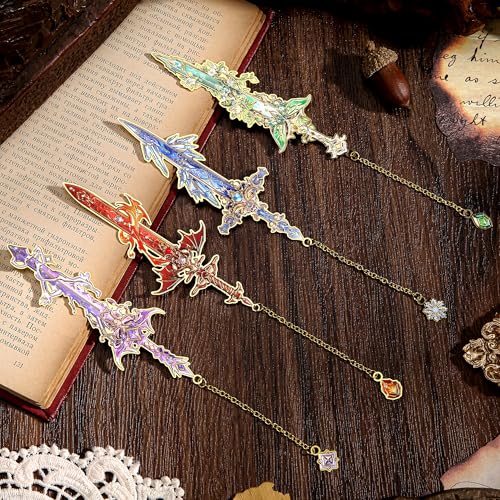 4pcs Fantasy Sword Bookmarks for Books, Journals, Planners - Cool Metal Book Markers for Reading Women & Men, Unique Book Marks Gifts for Book Lovers, Reading Accessories for Students & Adults & Kids