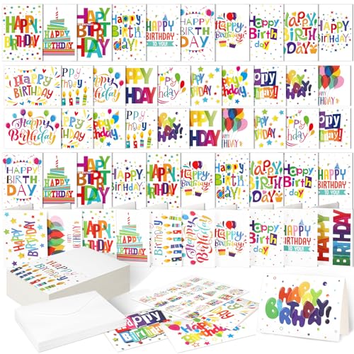 200 Set Unique Happy Birthday Card Bulk with Envelope and Sticker Blank Greeting Card Large 5 x 7 Inch Suitable for Office Kids Women Men, 20 Styles(Colorful Words)