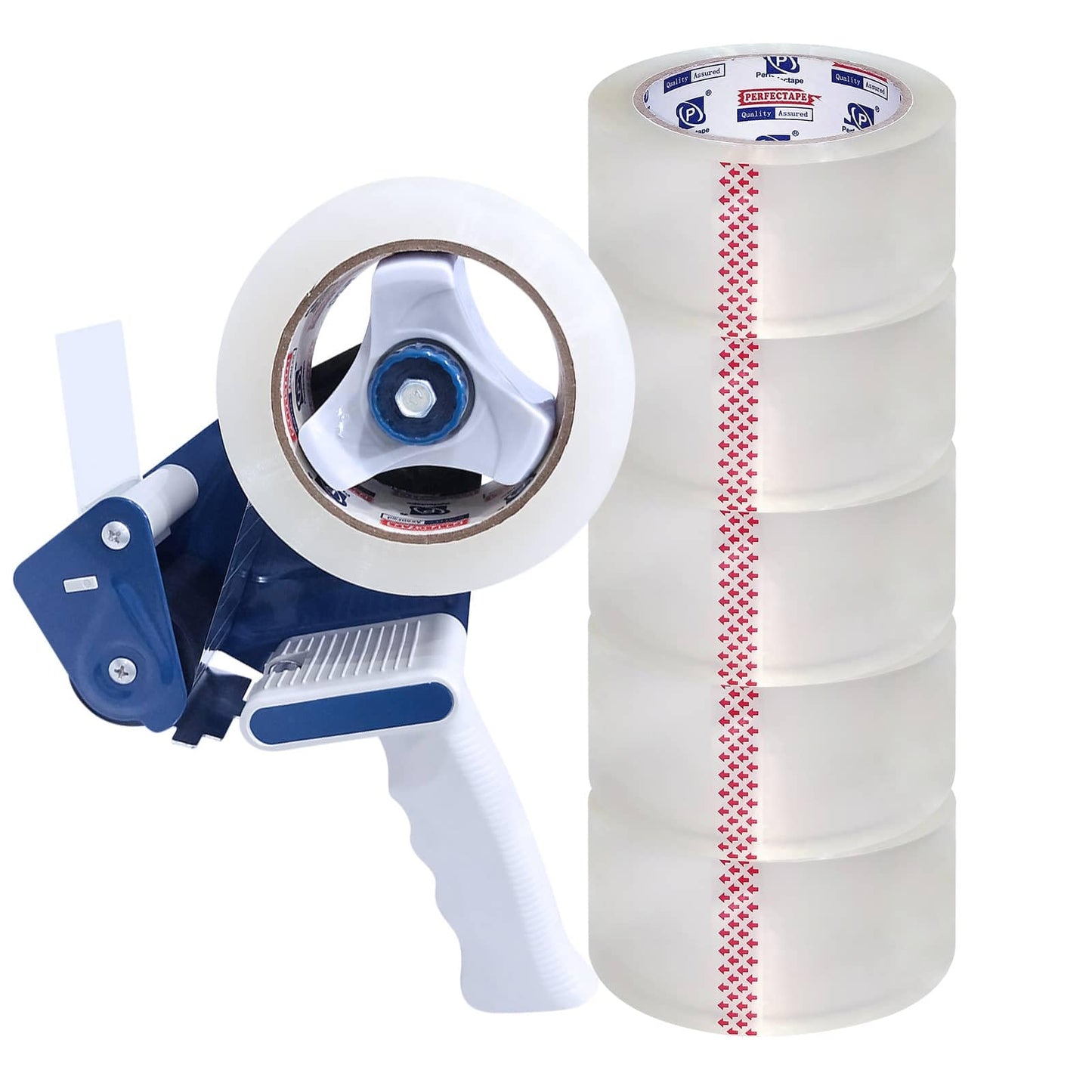 P PERFECTAPE Heavy Duty Packing Tape 6 Rolls with Tape Gun, Clear, 2.7 mil, 1.88 inch x 55 Yards, Ultra Strong, Refill for Packaging and Shipping