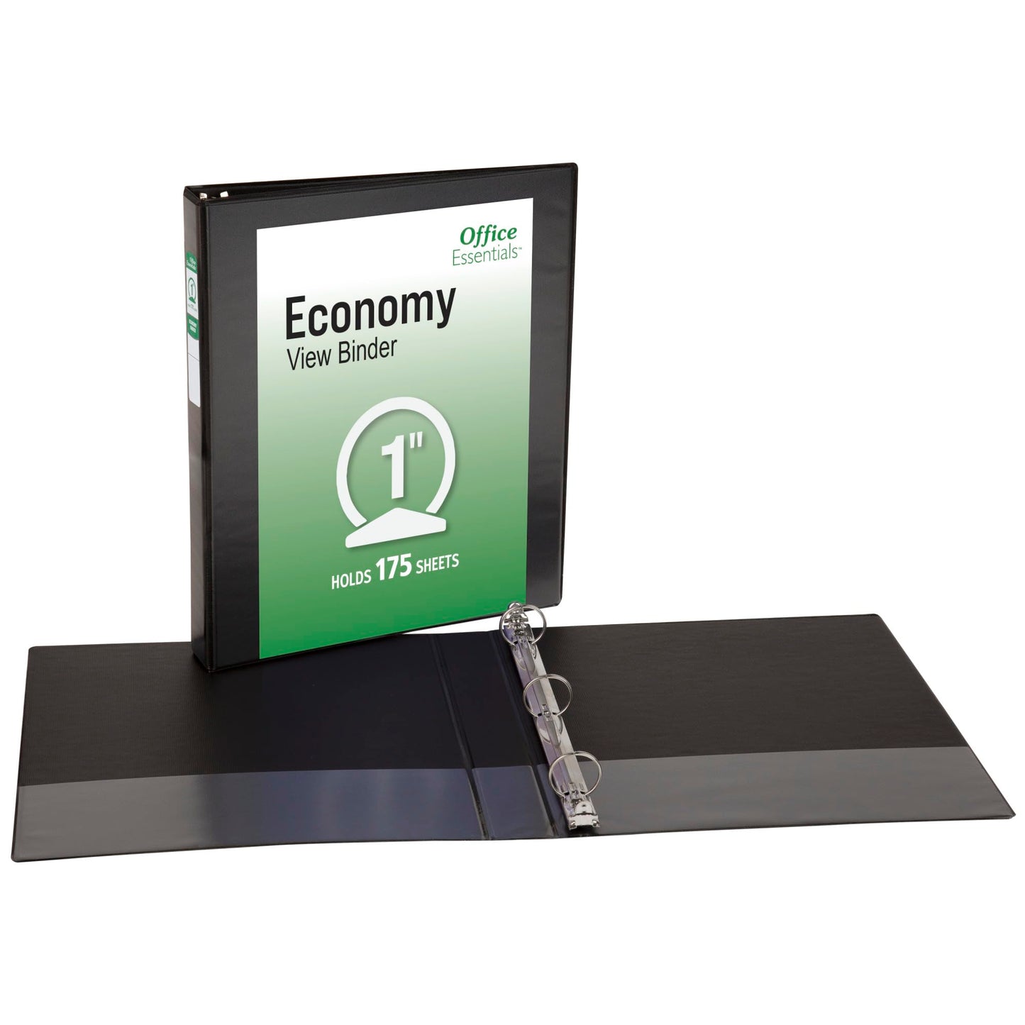 Office Essentials Economy View 3 Ring Binders, 1" Round Rings, 1.4" Spine, 175-Sheet Capacity, Black Binders (12-Pack of 03425)