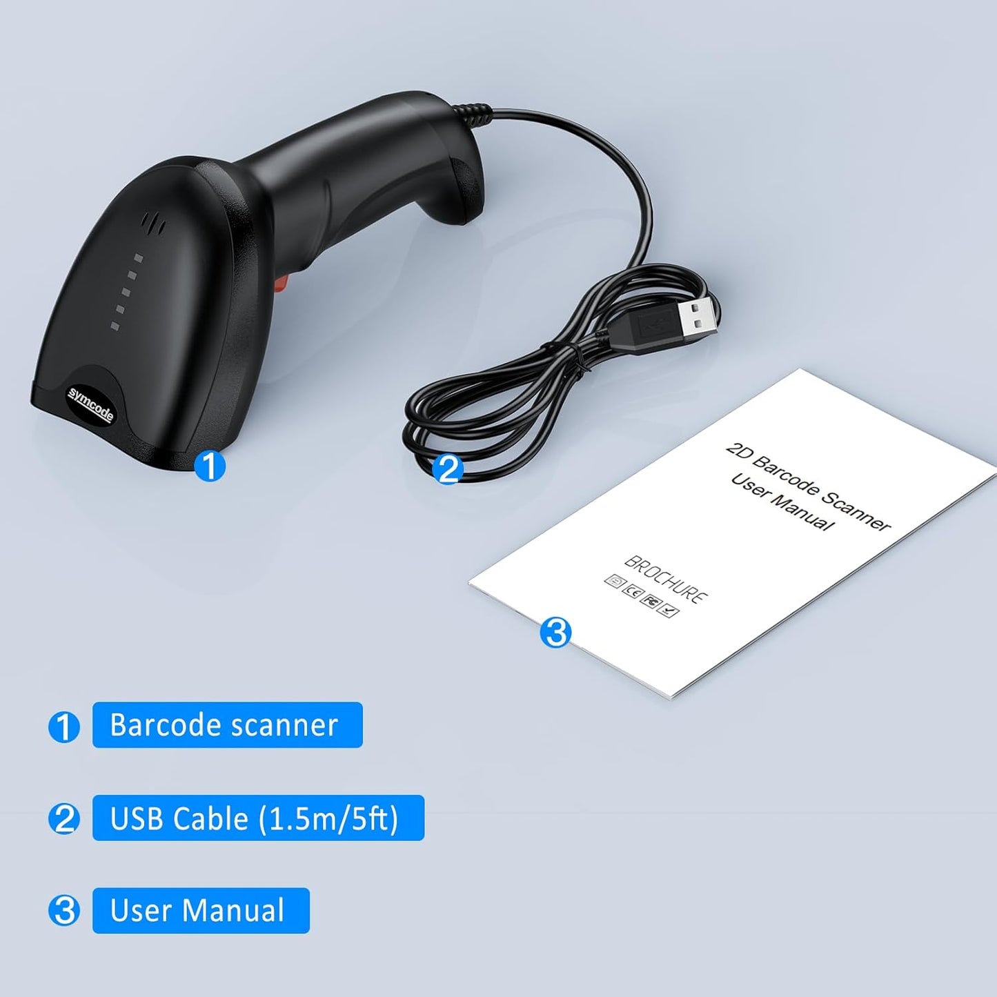 Symcode USB Barcode Scanner - Handheld Wired Scanner with Long USB Cable for Mobile Payments & Retail