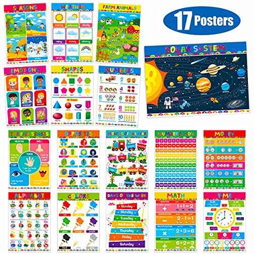 Gethelud 17 Packs Educational Poster, PET Film Covered Preschool Learning Tools for Nursery Kindergarten Toddlers