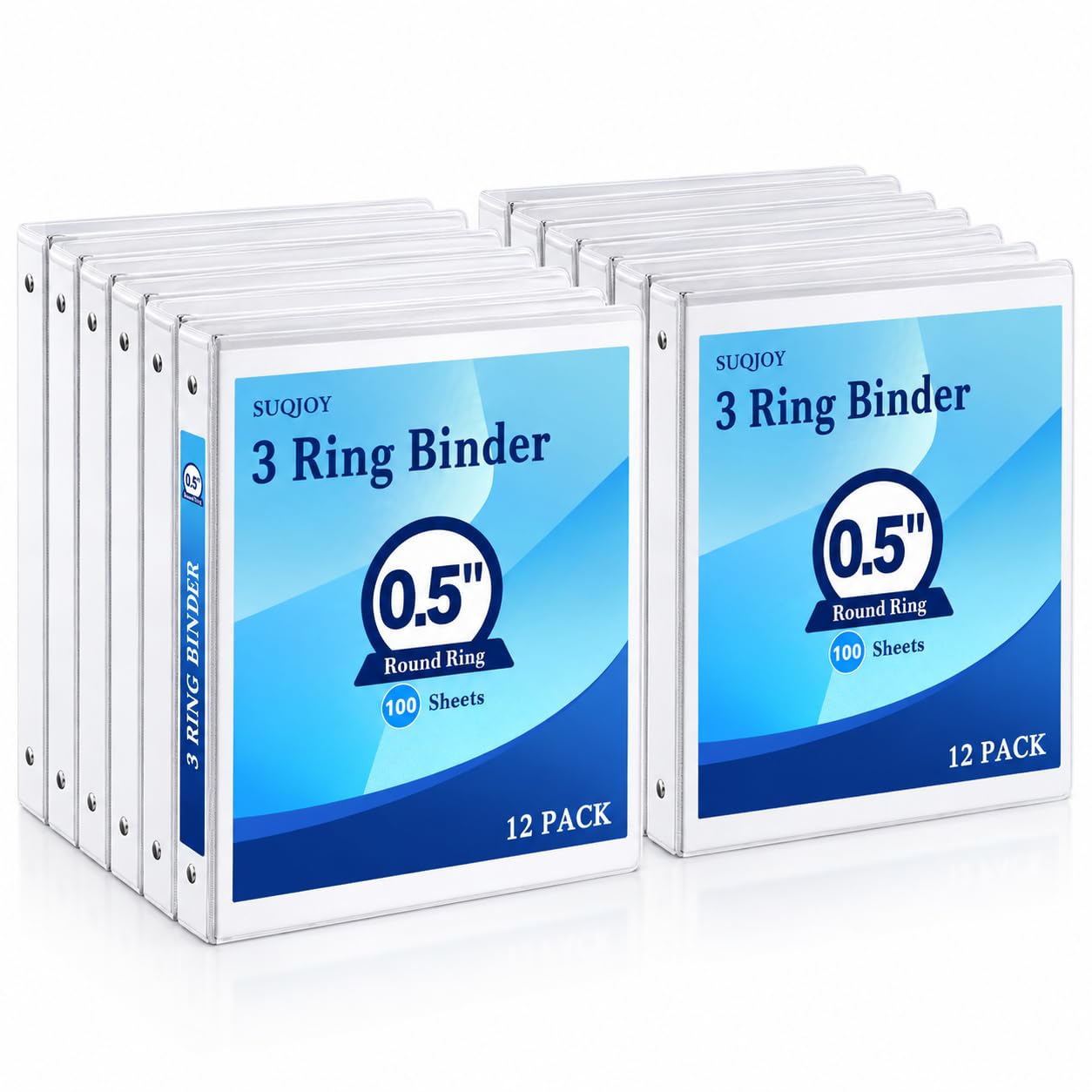 1/2 Inch 3-Ring Binder, 0.5-inch Round Ring Binder with 2 Inside Pockets, 12 Pack White Binders, Clear View CoverBinder Holds 8.5'' x 11''Paper for Office/Home/Back to School