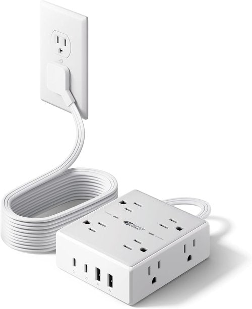 Skiennix 10Ft Extension Cord - Flat Plug Surge Protector Power Strip with 8 Outlets & 4 USB Ports | Ideal for Home Office & Dorm Room Essentials