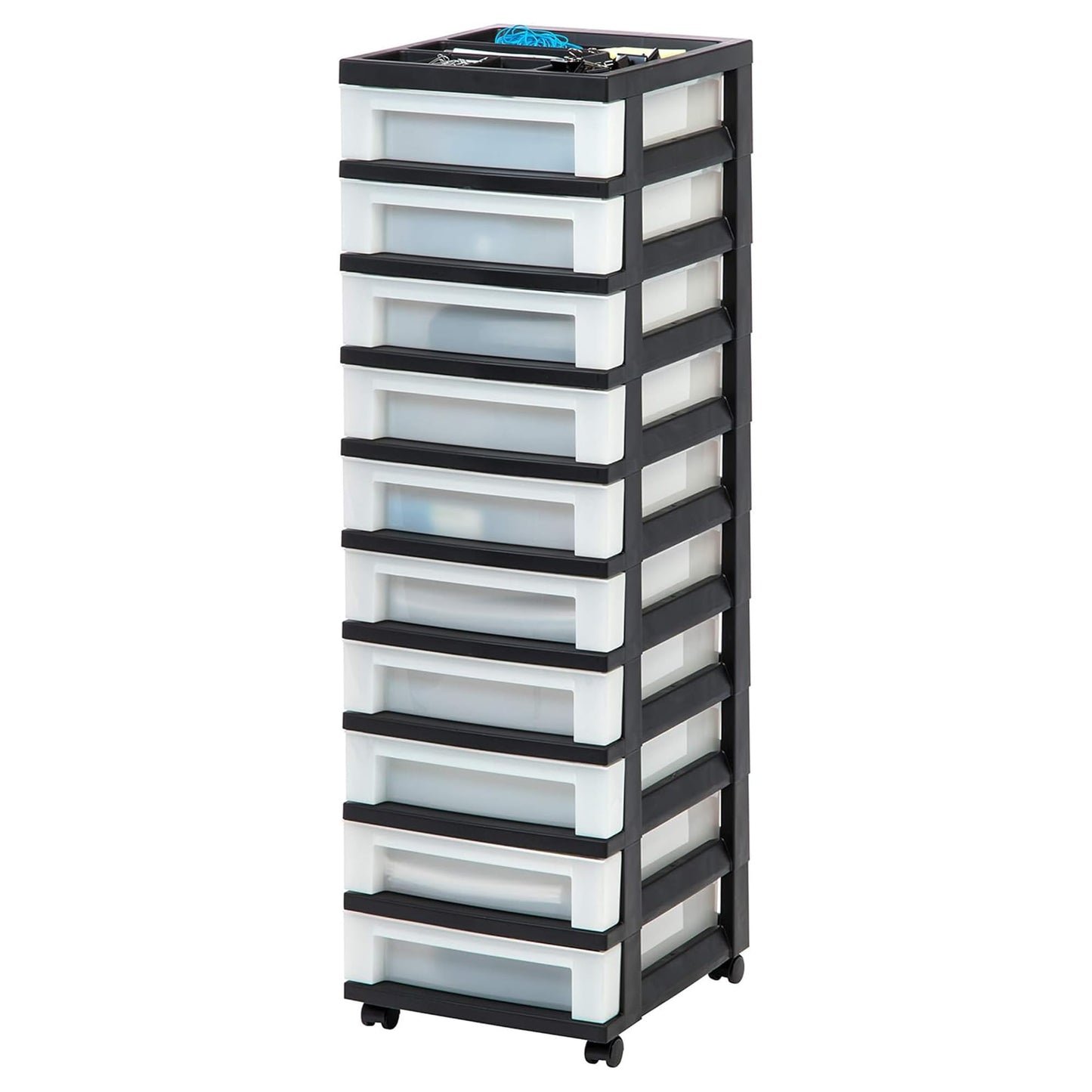 IRIS USA Plastic Drawer Storage Organizer Rolling Cart, 2-Pack, with Wheels Casters, 10-Drawers, for Classroom Art Craft Supplies Dresser Closet Bathroom Laundry Room, Black/Pearl