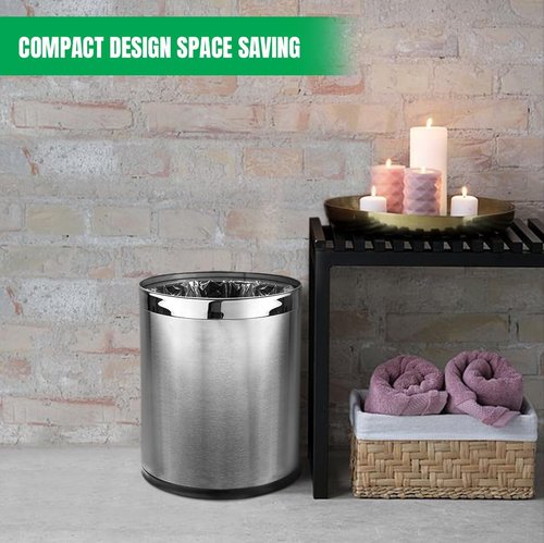 Brelso Small Office Trash Can, Open Top Small Wastebasket Bin, Stainless Steel Garbage Can, 'Invisi-Overlap' Metal Decorative Waste Basket for Powder Room, Vanity, Bathroom, Home, Modern