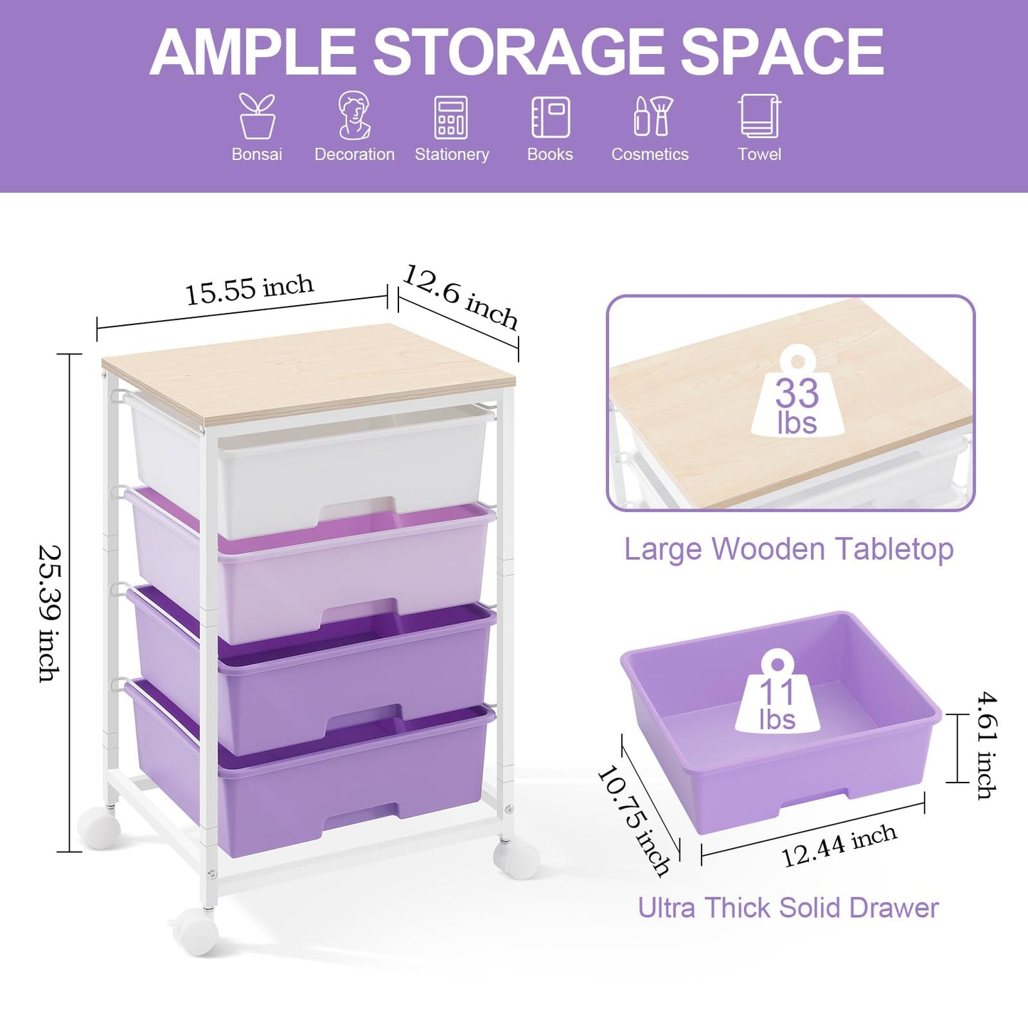 Utility Cart with 4 Drawers,Rolling Storage Cart with Drawers,Storage Rolling Drawer Cart with Wooden Tabletop for Bedroom,Kid's Room,Dorm,Classroom,Office, Purple