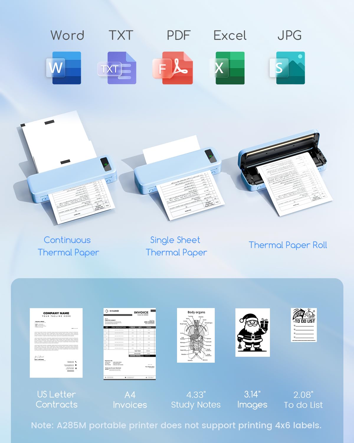 Portable Printers Wireless for Travel, A285M Bluetooth Inkless Thermal Printer Support 8.5" X 11" & A4 Thermal Paper, Mobile Compact Printer Compatible with iPhone Laptop for Home Office Receipt, Blue