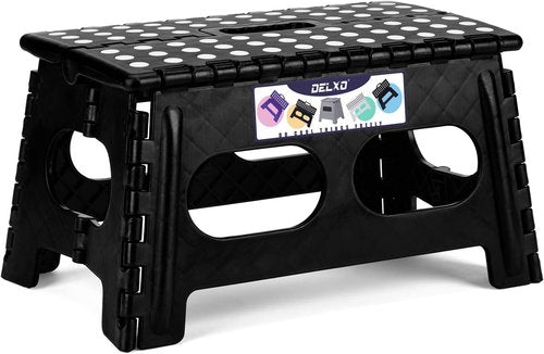 Delxo Folding Step Stool - Heavy Duty 15-Inch Wide Design | Safe & Comfortable Non-Slip Black