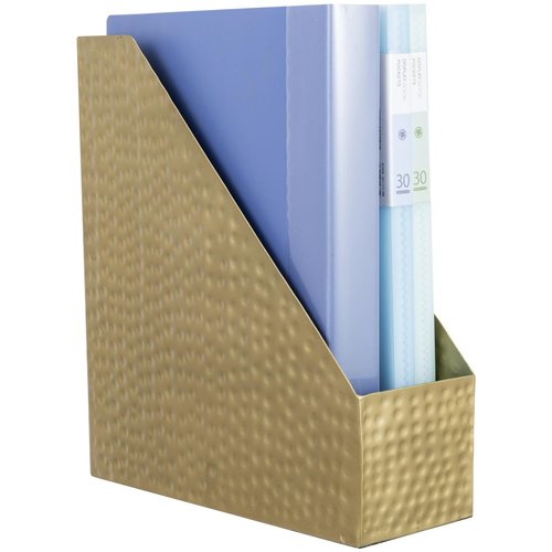 MyGift Vintage Brass Tone Metal Desktop Magazine File Holder Bin with Hammered Texture Design, Office Desk Document Folder Storage Organizer - Handcrafted in India