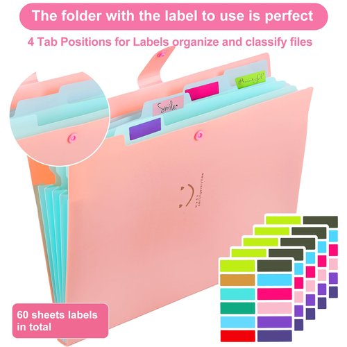 Gabotrie 5PCS Expanding File Folders,Plastic Accordion Folder with 5 Pocket,A4 Size Accordion Document Organizer,Expandable File Folder with 60 Labels for Home Office(Green+Blue+Pink+Purple+Beige)