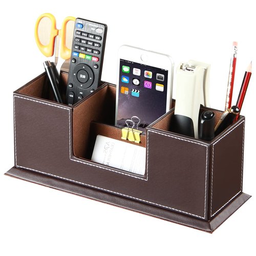 PUSU Leather 360°Rotatable Remote Control Holder+Desk Pencil Holder, PU Leather Pen Holder for Desk, Executive Desk Organizers and Accessories, Multifunctional Desk Organizer with 4 Compartments