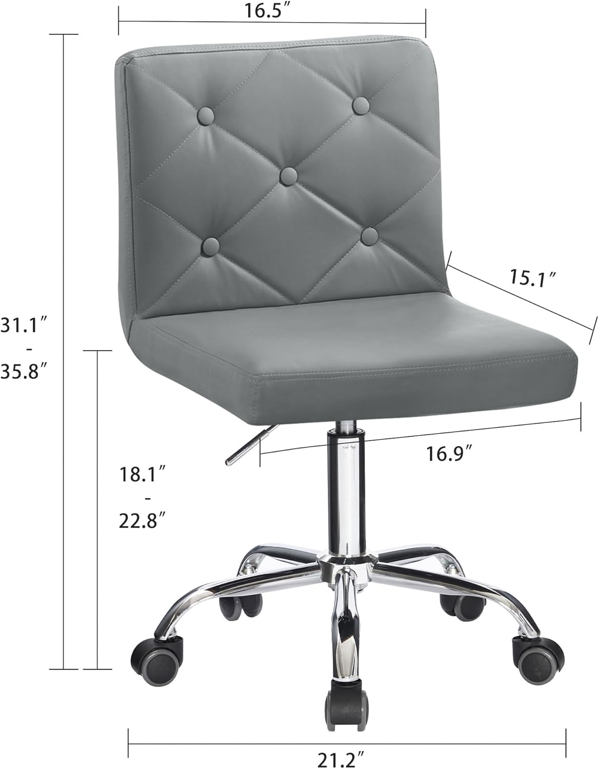 VECELO PU Leather Desk Chair - Adjustable Height, 360° Swivel, Mid-Back Design - Grey for Home Office