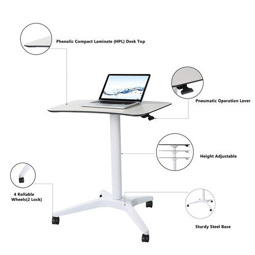 CARTMAY Mobile Standing Desk,Pneumatic Height Adjustable Laptop Desk, Mobile Laptop Desk with Wheels, Height Adjustable from 29.5'' to 47'',White