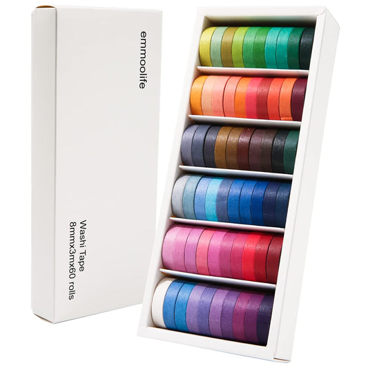 Skiennix Washi Tape Set - 60 Rolls of 8mm Wide, 10ft Long Solid Color Decorative Tapes for Arts & Crafts