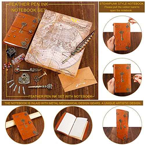 NC Feather Pen Ink Set, Includes Quill Pen, Notebook, 5 Replaceable Nibs, Stamp, Spoon, Wax Beads, White Wax, Ink, Pen Holder, Cup, Envelope, Letter Paper