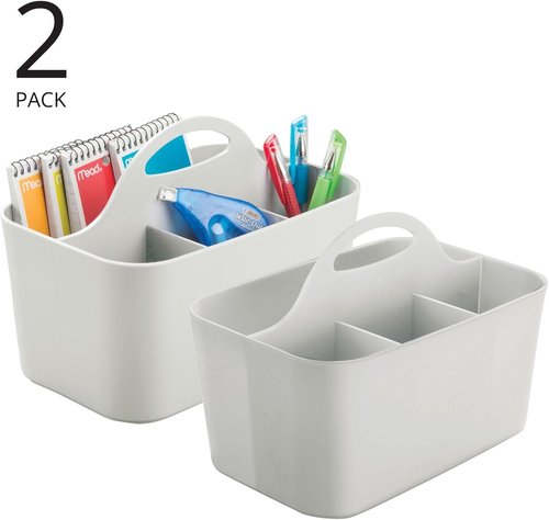 mDesign Utility Tote Caddy - Small Plastic Office Storage Organizer with Handle | Light Gray, 2 Pack