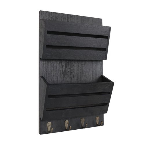 Mail Organizer Wall Mount with 4 Key Hooks, Rustic Wooden Hanging Mail Sorter Farmhouse Key Holder for Wall Decoration, 2-Slot Wall File and Magazines Bill Letter Holder