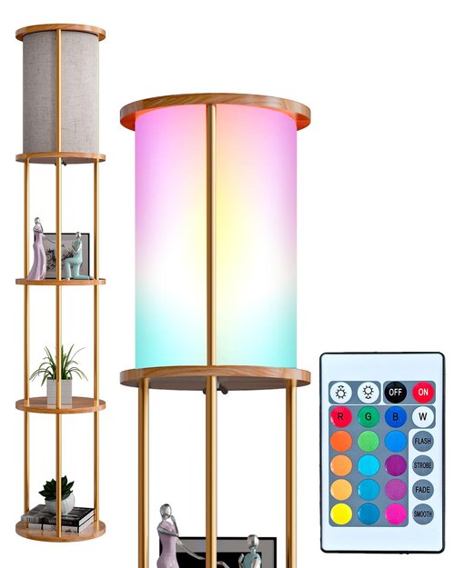 Lightdot 61" RGB Floor Lamp with Shelves - 3-Tier Storage Smart Remote Control Standing Lamp with Fabric Lampshade, E26 Bulb Included, Dimmable Floor Lamps for Living Room, Bedroom & Home Decor (Gold)