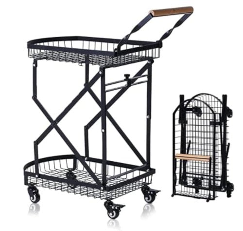 QAVODB Multi Functional Collapsible Carts, 2-Tier Foldable Storage Cart Metal Utility Cart with 360° Rolling Swivel Wheels Folding Kitchen Storage Organzier Cart for Classroom Bedroom Living Room