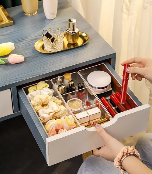 POPPEYGO Stackable Clear Drawer Organizers Small Makeup Vanity Storage Bins Trays and Office Desk Drawer Dividers Triple Compartments 2 Pack