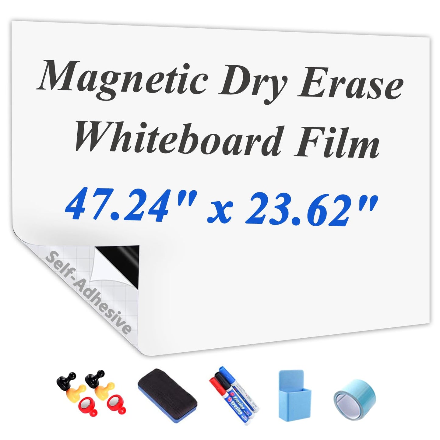 Self-Adhesive Dry Erase Whiteboard Sticker, 47.24" x 23.62" Magnetic Receptive White Board Wall Film, No Ghosting, Easy Write & Clean | Peel & Stick for Office, Home & Classroom,Incl. Accessories