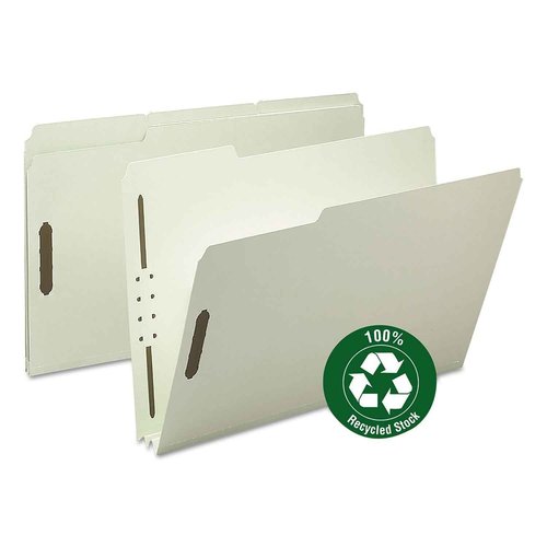 Smead 100% Recycled Pressboard Fastener File Folder, 2 Fasteners, 1/3-Cut Tab, 2" Expansion, Legal Size, Gray/Green, 25 per Box (20004)