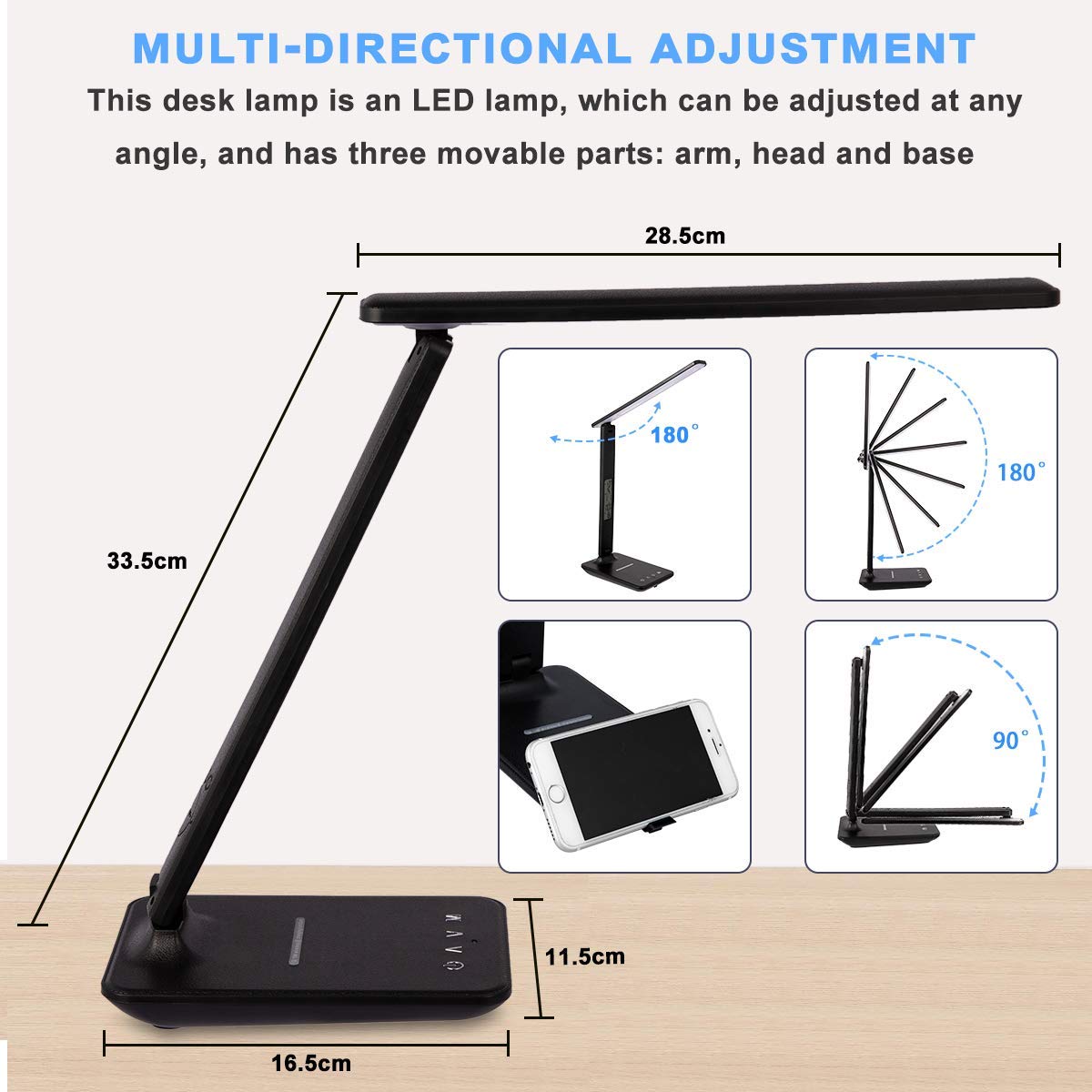 XIZDDL LED Desk Lamp with Wireless Charger, Suitable for Home, Office Dimmable, with USB Charging Port, Built-in Clock, Calendar, Thermometer and Automatic Timing Reading Desk Lamp.