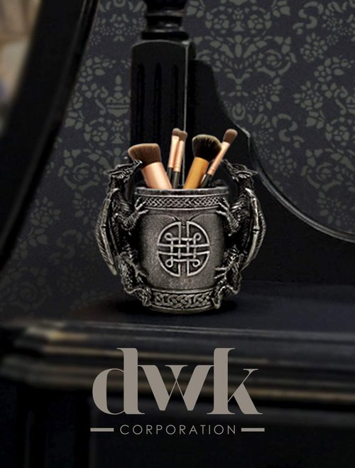 DWK - Literary Beasts - Twin Double Dragon Celtic Gothic Pen Pencil Desk Organizer Makeup Brush Holder Art Supply Caddy Home Office Accent Storage Accessory, Antique Silver Pewter, 6.5-inch