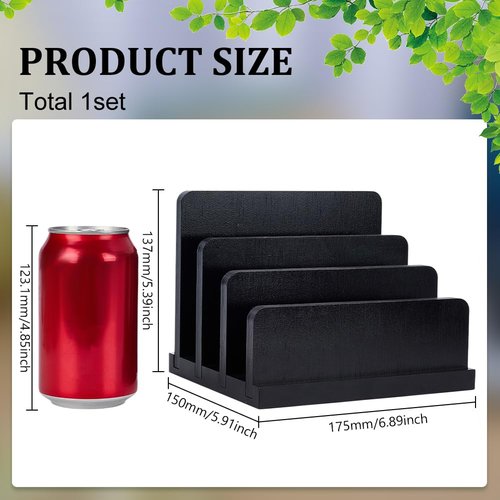 FINGERINSPIRE Black Bamboo Countertop Mail Holder with 4 Different Sizes Slots, Rectangle Bamboo Mail Organizer Vertical Desk Letter/File/Paper/Folder/Bill Holder for Home or Office Desktop