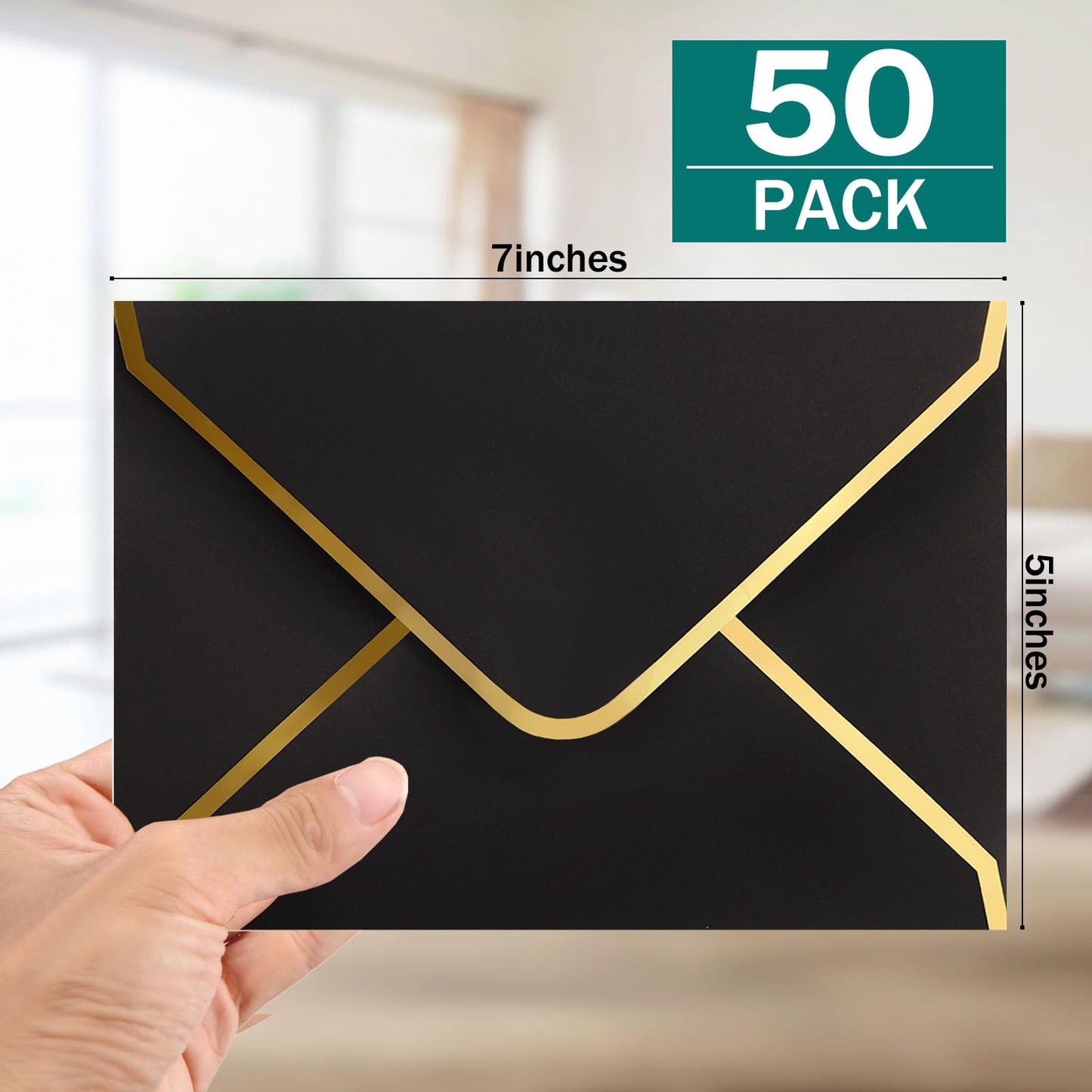 (50 Pack 5x7 Inch) Black Envelopes for Invitations with Gold Border, Self Adhesive A7 Envelopes with V-Flap, Great for Graduation, Invitation, Baby Shower, Wedding and RSVP Cards