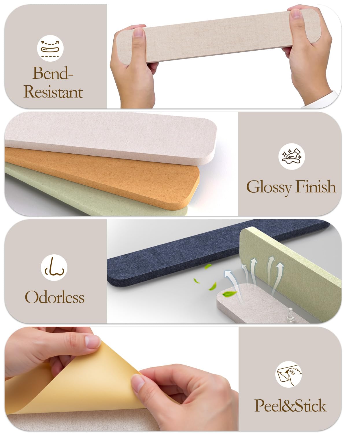 JBER Felt Strip Board 5 Pack 13"x2", Cork Board Alternative Pin Bulletin Board, Self-Adhesive Vision Board with 25 Push Pins for Walls, Office & Home Decor(Light Camel)