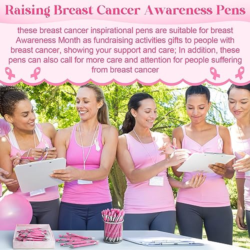 Yeaqee 50 Pieces Breast Cancer Awareness Pink Pens Bulk with 0.5 mm Inspirational Black Ink Retractable Pink Ribbon Ball Point Pens for Public Events Women Girls Gift Office Supplies
