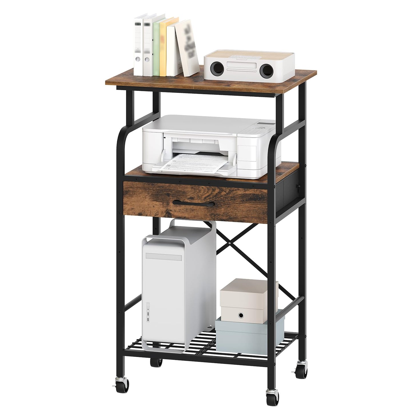 MAHANCRIS Tall Printer Stand, 3 Tier Printer Cart with Storage, Industrial Printer Table on Wheels, Adjustable Shelf & Fabric Drawer, for Home Office Study Rustic Brown PTHR5401