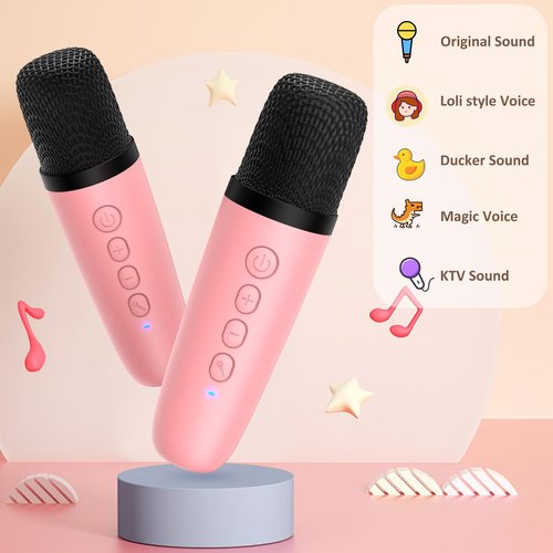 Mini Karaoke Machine for Adults Kids, Portable Bluetooth Karaoke Speaker with 3.5" Full-Range Speaker and Colorful LED Lights, Support USB/TF Card/AUX (Pink-2Mic)