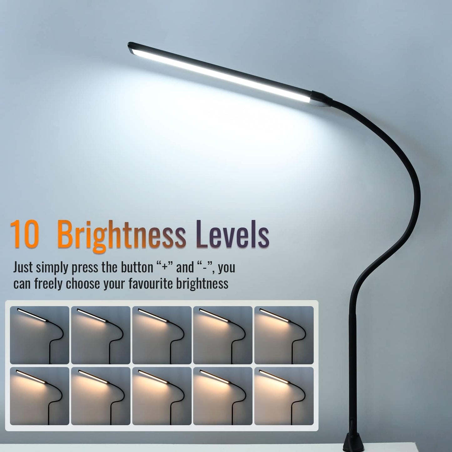 Skiennix LED Desk Lamp - Eye-Caring Clamp Light with 3 Color Modes & 10 Brightness Levels | 11W, 850 LMS