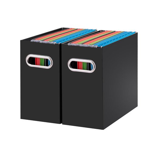 Oterri File Organizer, 2 Packs Small Storage Box, Cardboard File Folder Organizer, Collapsible File Box for Hanging File Folders Letter Size, Portable Filing Organizer with Handle（Black）