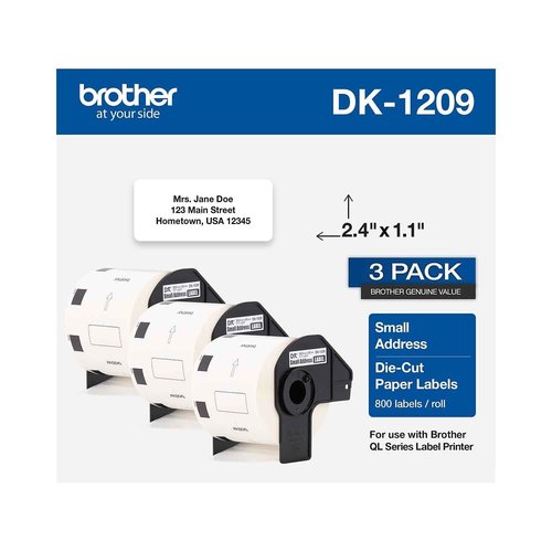 Brother Genuine DK-1209 Small Address Paper Label Roll, Die-Cut Paper Labels, Engineered for Excellence, 800 Labels Per Roll,White, 3 rolls (DK12093PK)