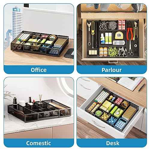 Marbrasse Expandable Desk Drawer Organizer, Mesh Drawer Organizer Tray with 10 Adjustable Compartments, Desk Organizers and Accessories for Office Supplies, Makeup & Vanity (Expandable Black-2 pack)