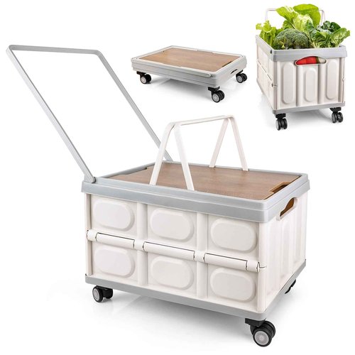 Collapsible Rolling Crate with Wheels, Foldable Utility Cart with Wooden Cover, Mobile Folding Cart for Teacher, Shopping, Camping, Office - 55L