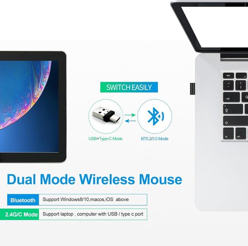 KLO Wireless Bluetooth Mouse - Rechargeable 5.2/3.0 with Type-C & USB - Compatible with MacBook & iPad (Black)