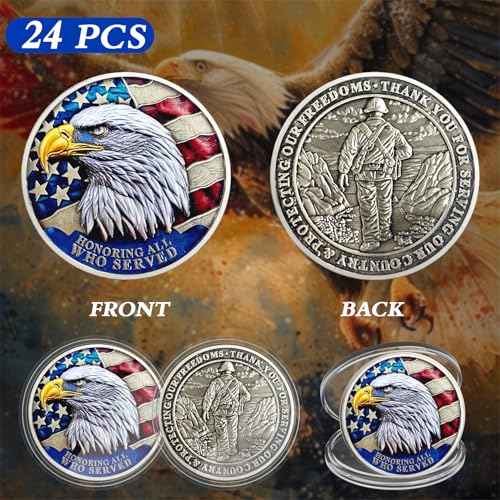 Military Challenge Coins - 24 Pcs Veteran Challenge Coin Hank You for Your Service Military Coins Veteran Bulk Thank You Coins Military Appreciation Coin Veterans Day Gifts
