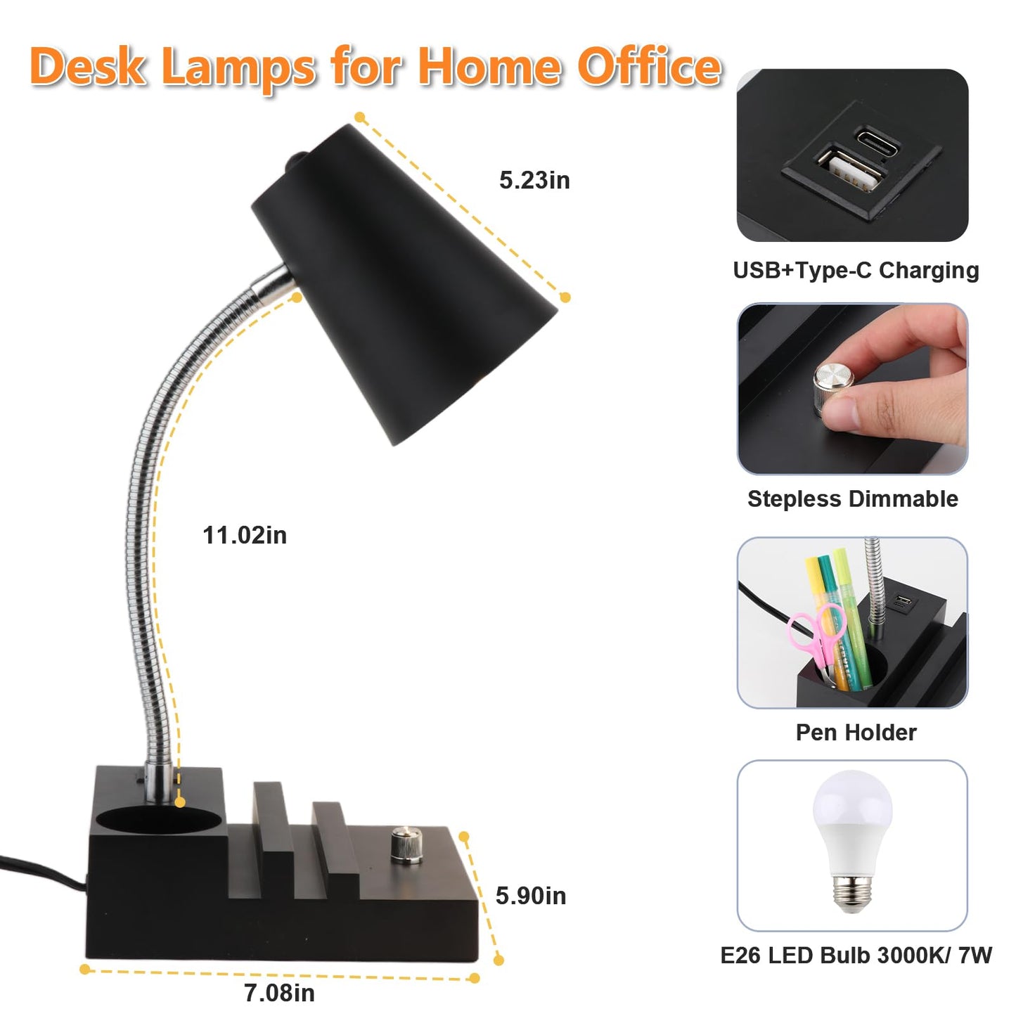 LALISU Study Desk Lamp with USB Charging and Type-C Night Light, Gooseneck LED Table Lamp Stepless Dimming Study Table Lamp with Pen Holder for College Dorm Bedroom and Office (White)