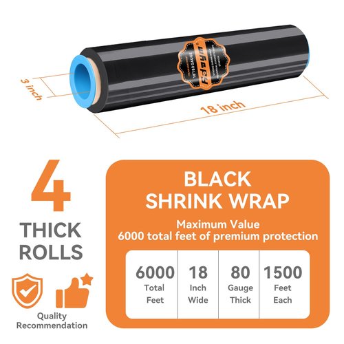 ADAYM 18" x 1500' Stretch/Shrink Wrap Roll (4 Rolls) - Black Plastic Wrap for Moving, Heavy Duty 80 Gauge, 600% Stretch for Packing, Pallets, Shipping&Furniture Protection with Handles