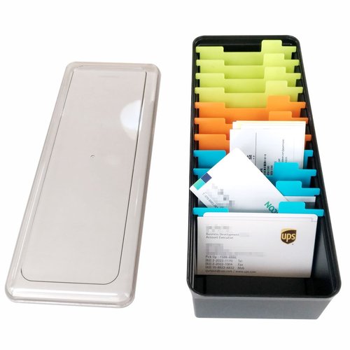 Business Card Organizer: 500 Card Storage Box with 11 Dividers