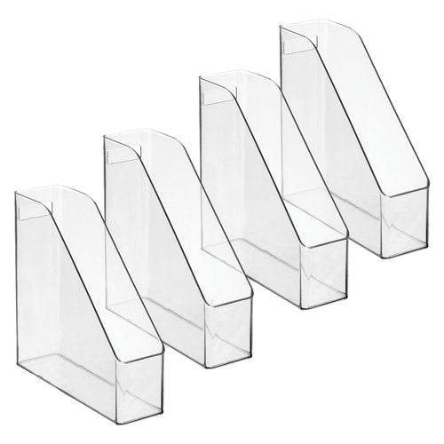 mDesign Plastic Slim Vertical File Folder Storage Organizer Bin with Handle, Hold Notebooks, Binders, Envelopes, Magazines for Home Office, Work Desktops, Ligne Collection, 4 Pack, Clear