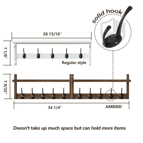 AMBIRD 34.2 inch Wooden Extra-Long Wall Hook Rack with Shelf - Versatile and Decorative Wall-Mounted Storage - 10 Hooks for Hanging Coats, Hats, Scarves - Ideal for Entryways, Bedrooms, Closets