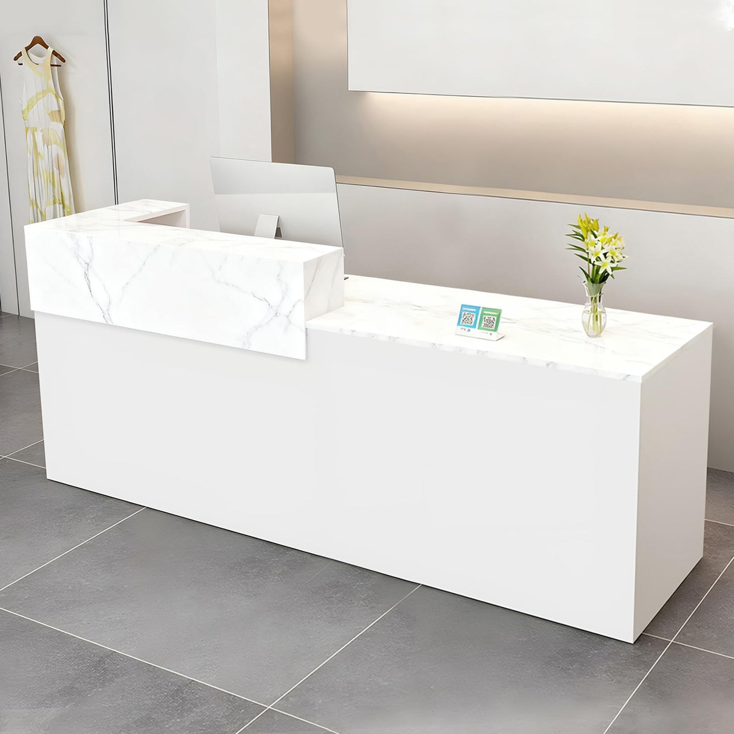 Modern Reception Desk with Drawer & Open Shelves, 39-95 Inch Front Counter Table, Computer Workstation Suitable for Salons, Offices, Lobbies, Retail Stores and Home Offices