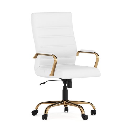 Flash Furniture Whitney Mid-Back Swivel LeatherSoft Desk Chair with Padded Seat and Armrests, Adjustable Height Padded Office Chair, 27"D x 26"W x 43"H, White/Gold
