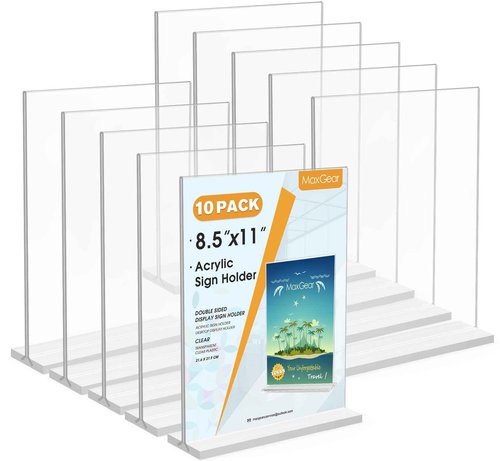 MaxGear Acrylic Sign Holder 8.5x11 Inches 10 Pack, Double Sided Clear Display Stand Table Top Paper Holder, Vertical Menu Flyer Stand, Plastic Frame for Stores, Restaurants, Hotels, Office ﻿